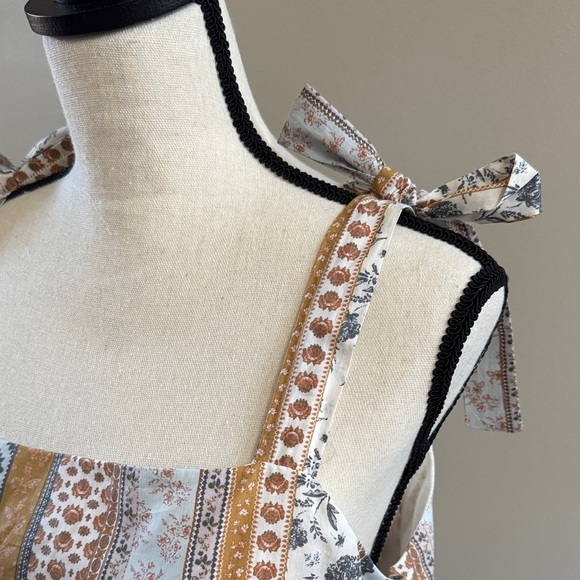 Lucky Brand Cream, Tan & Blue Tiered Midi Dress with Straps - Picture 3 of 7